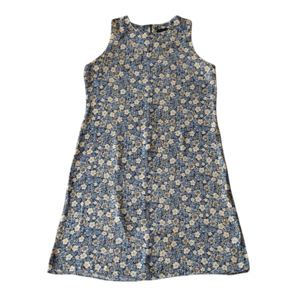 Vintage 90s Blue Floral Midi Dress Medium Sleeveless Daisy A-Line